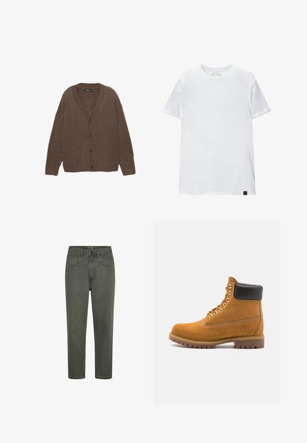 Cardigan tricotat maro cu decolteu în V, manșete și tiv ondulate, și cinci nasturi mari pe față. Textură moale cu o croială lejeră.; Tricou alb, ajustat pe corp, din bumbac. Gât rotund, mâneci scurte, textură netedă. Etichetă mică de logo negru la margine. Design simplu.; Chino verzi din bumbac cu o siluetă dreaptă, având bucle pentru curea, buzunare frontale și închidere cu nasture. Textură netedă cu cusături minime.; Cizmă de gleznă din întoarsă de culoare bej, cu guler negru căptușit, ochiuri din metal auriu, detalii de cusătură albă și talpă din cauciuc robustă, cu un model pronunțat.