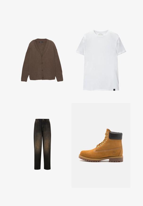 Brązowy sweter robiony na drutach z dekoltem w serek, ściągaczami przy mankietach i hemie oraz pięcioma dużymi guzikami z przodu. Miękka textura i luźny krój.; Biała koszulka dopasowana z bawełny. Okrągły dekolt, krótkie rękawy, gładka faktura. Mała czarna metka z logo na dole. Prosty design.; Ciemnoniebieskie dżinsy z lekko wyblakłym wykończeniem, o prostych nogawkach, pięciopocketowym designie i metalowym zapięciu na guzik.; Beżowe zamszowe botki sięgające kostki z czarną wyściełaną krawędzią, złotymi oczkami, białymi detalami szycia oraz wytrzymałą gumową podeszwą z wyraźnym bieżnikiem.