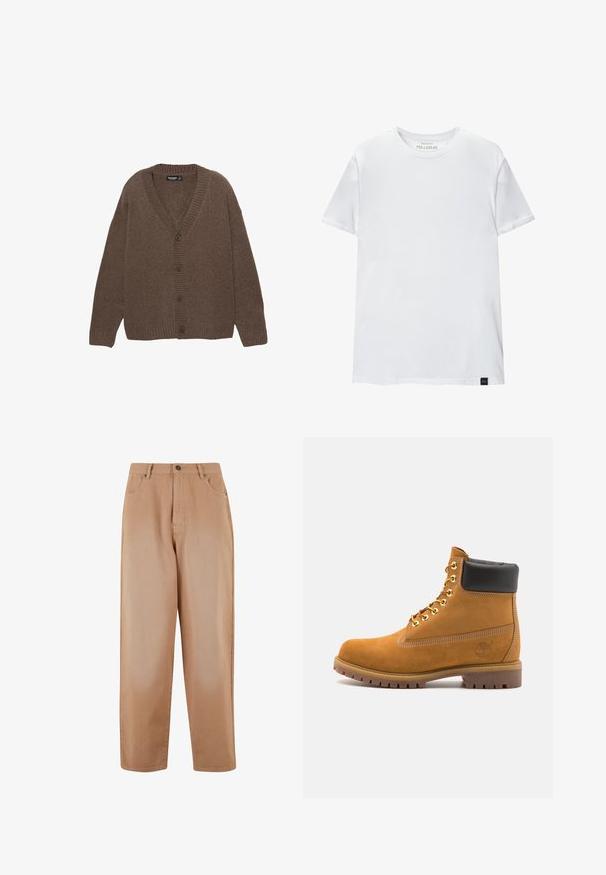 Smeđa pletena kardigan jakna s V-izrezom, rebrastim manžetama i rubom te s pet velikih dugmadi sprijeda. Mekana tekstura s opuštenim krojem.; Bijela majica uskog kroja od pamuka. Okrugli izrez, kratki rukavi, glatka tekstura. Mali crni logo na rubu. Jednostavan dizajn.; Bež široke hlače od mekog pamuka. Imaju prednje dugme i zatvarač, pet džepova i petlje za remen.; Antracitne antilop čizme do gležnjeva s crnim podstavljenim ovratnikom, zlatnim metalnim rupicama, bijelim šavovima i robusnom gumenom potplatom s izraženim šarama.