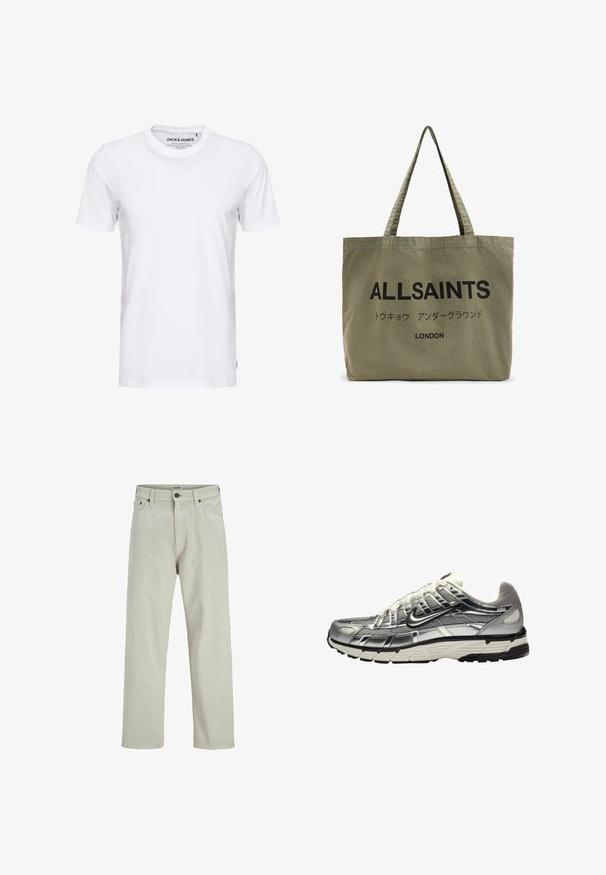 Bruine gebreide cardigan met een V-hals, geribbelde manchetten en onderzoom, en vijf grote knopen aan de voorkant. Zachte textuur met een relaxte pasvorm.; Witte korte mouwen t-shirt van katoen, met een ronde hals en een eenvoudig ontwerp. Merktag zichtbaar op het nekgebied. Geen patronen of accenten.; Licht beige denim jeans met een recht model, vijf-pocket stijl en een knoopsluiting bij de taille, met minimale stikdetails.; Zilveren en zwarte sportschoen met een bovenwerk van mesh en synthetisch materiaal, een volumineus ontwerp en een gestructureerde afwerking. Voorzien van een gevoerde kraag en een rubberen zool.; Olijfgroene canvas schoudertas met twee lange handvatten, voorzien van vetgedrukte zwarte tekst "ALLSAINTS" en "LONDEN" in een minimalistisch ontwerp.