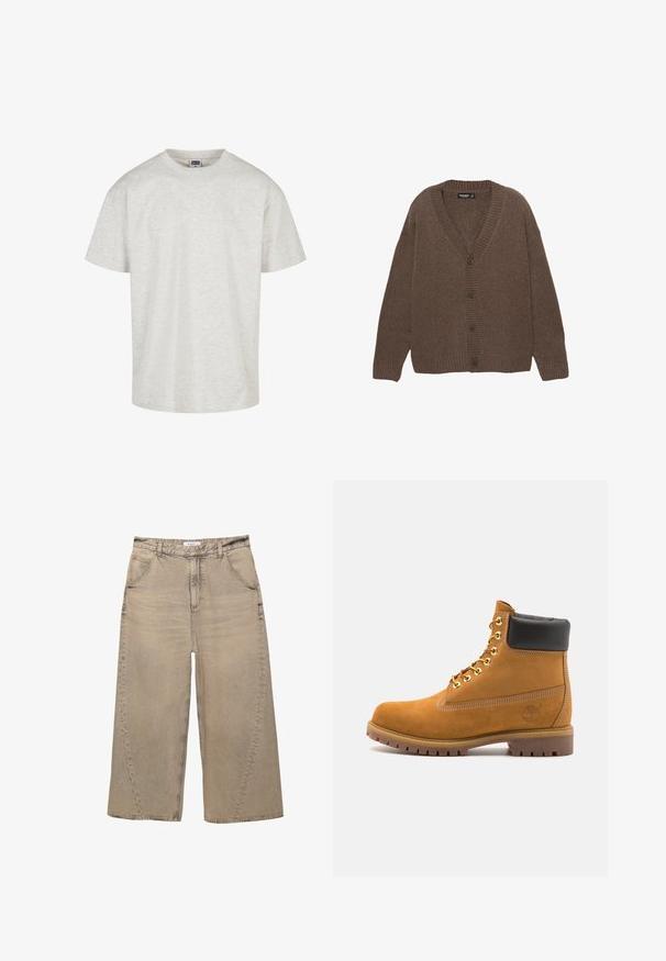 Brun strikket cardigan med V-udskæring, ribbede manchetter og kant, samt fem store knapper ned langs fronten. Blød tekstur med en afslappet pasform.; Lys grå bomulds T-shirt med kortærmer, rund halsudskæring og afslappet pasform. Tekstureret stof med et subtilt meleret mønster.; PULL&BEAR MEGA BAGGY - Baggy jeans - light grey; Tan nubuck ankelstøvle med sort polstret krave, gyldne metaløjer, hvid syning detaljer og robust gummisål med udtalte slidbaner.