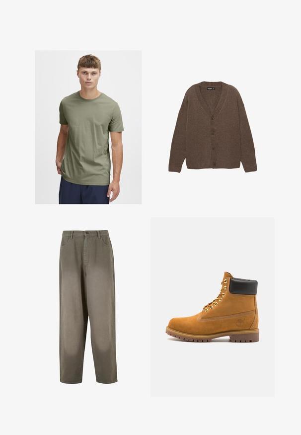 Brauner gestrickter Cardigan mit V-Ausschnitt, gerippten Bündchen und Saum sowie fünf großen Knöpfen auf der Vorderseite. Weicher Stoff mit lockerem Schnitt.; Olivegrünes Baumwoll-T-Shirt mit rundem Ausschnitt und kurzen Ärmeln; leicht und mit glatter Textur; keine Muster oder sichtbaren Metallteile.; Helle grüne, weite Hosen aus weichem Stoff. Verfügt über einen Knopfverschluss, Vorderseiten-Taschen und eine insgesamt glatte Textur.; Beige Wildleder-Ankle-Boot mit schwarzem gepolstertem Kragen, goldenen Metallösen, weißen Nähdetalben und einer robusten Gummisohle mit ausgeprägtem Profil.