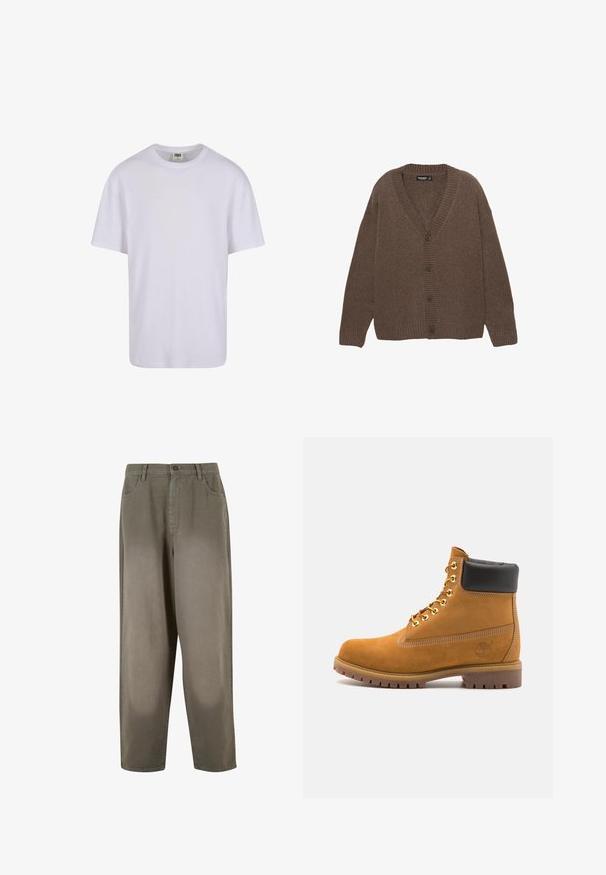 Brun strikket cardigan med V-udskæring, ribbede manchetter og kant, samt fem store knapper ned langs fronten. Blød tekstur med en afslappet pasform.; Hvid bomulds t-shirt med rund hals, korte ærmer og en afslappet pasform. Glat tekstur, ingen mønstre og minimalistisk design.; Lys grønne, vide bukser lavet af blødt stof. Har en knaplukning, forlommer og en glat overflate.; Tan nubuck ankelstøvle med sort polstret krave, gyldne metaløjer, hvid syning detaljer og robust gummisål med udtalte slidbaner.