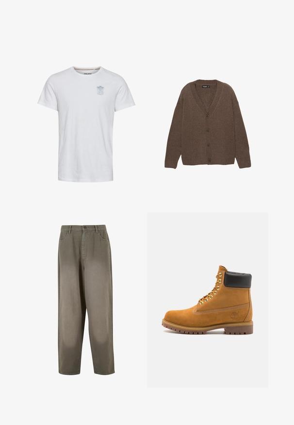 Ruskea neule cardigan, jossa on V-pääntie, joustinneulevarret ja -helma sekä viisi suurta nappia edessä. Pehmeä rakenne ja rento malli.; Valkoinen puuvillainen t-paita, jossa on lyhyet hihat, pyöreä kaula-aukko ja vasemmassa rinnassa vaaleansininen graafinen kuva palmupuista ja tekstiä.; Vaaleanvihreät, leveälahkeiset housut pehmeästä kankaasta. Ominaisuuksiin kuuluu nappisuljenta, etutaskut ja sileä pinta.; Valkoinen nahkainen nilkkuri mustalla pehmustetulla kauluksella, kultaisilla metallisilla rei'illä, valkoisella ompeluksella ja jykevällä kumipohjalla, jossa on selvästi näkyvät urat.