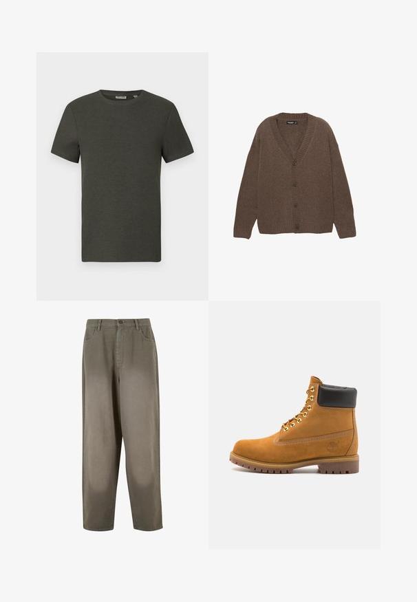 Brown knitted cardigan with a V-neck, ribbed cuffs and hem, and five large buttons down the front. Soft texture with a relaxed fit.; Dark green short-sleeve t-shirt with a round neckline, made of ribbed material; features a simple, minimalist design without patterns.; Light green, wide-leg trousers made of soft fabric. Features a button closure, front pockets, and a smooth overall texture.; Tan suede ankle boot with black padded collar, gold metal eyelets, white stitching detailing, and rugged rubber sole with pronounced treads.