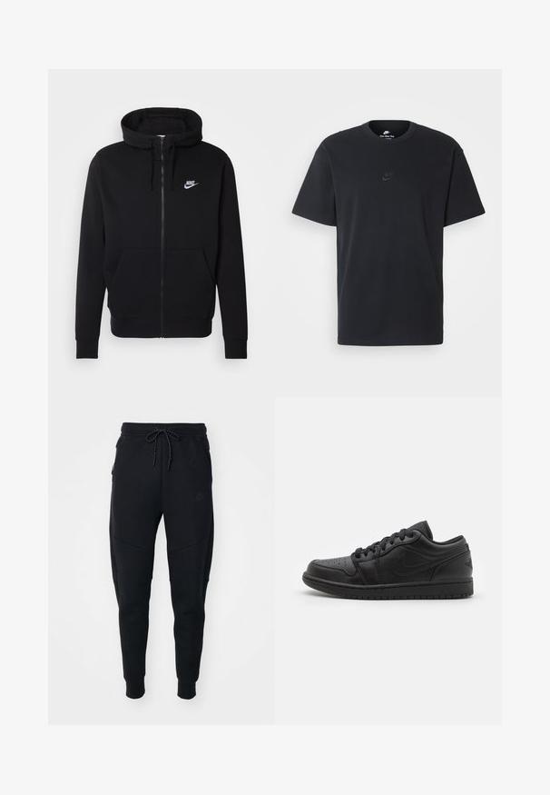Casaco com fecho zip preto, feito de tecido macio, apresentando um bolso frontal tipo pochete, capuz com cordão e o logo branco da Nike no peito.; T-shirt de algodão preto da Nike com um clássico decote redondo, mangas curtas e um logótipo em relevo discreto no peito. Textura suave.; Calças de jogging pretas feitas de tecido macio, com cintura elástica ajustável, pernas ajustadas e bolsos laterais com um design elegante.; Sapatilhas pretas de couro de cano baixo com biqueira perfurada, atacadores planos, colarinho almofadado e sola texturizada. Apresentam um logótipo discreto no calcanhar.
