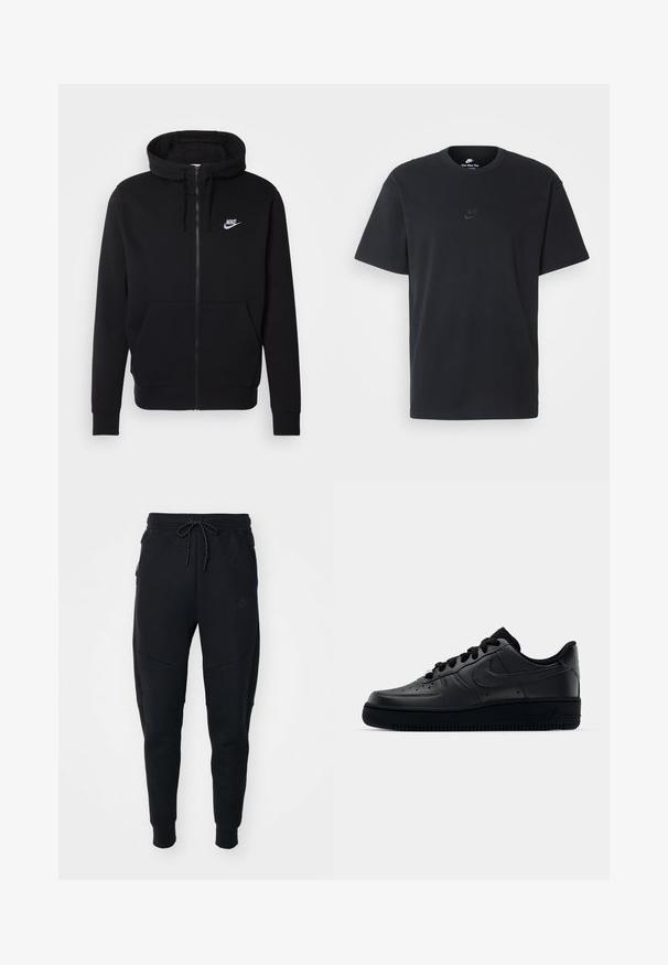 Svart zip-up hoodie tillverkad av mjukt material, med en framficka, dragsko i huvan och vitt Nike-logotyp på bröstet.; Svart t-shirt i bomull från Nike med klassisk rund halsringning, korta ärmar och en diskret, präglad logotyp på bröstet. Slät textur.; Svarta joggingbyxor i mjukt tyg, med dragsko i midjan, smalnande ben och sidofickor med en elegant design.; Svart Nike Air Force 1-sneaker med en slät läderöverdel, perforerad tå för andningsförmåga, svarta snören och en strukturerad gummisula.