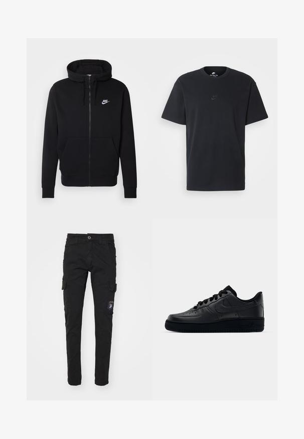 Casaco com fecho zip preto, feito de tecido macio, apresentando um bolso frontal tipo pochete, capuz com cordão e o logo branco da Nike no peito.; T-shirt de algodão preto da Nike com um clássico decote redondo, mangas curtas e um logótipo em relevo discreto no peito. Textura suave.; Calças cargo pretas em algodão com um corte ajustado, apresentando vários bolsos laterais, fecho de correr e um detalhe em patch na perna esquerda.; Sapatilha Nike Air Force 1 preta com parte superior em couro liso, bico perfurado para respirabilidade, atacadores pretos e sola de borracha texturizada.