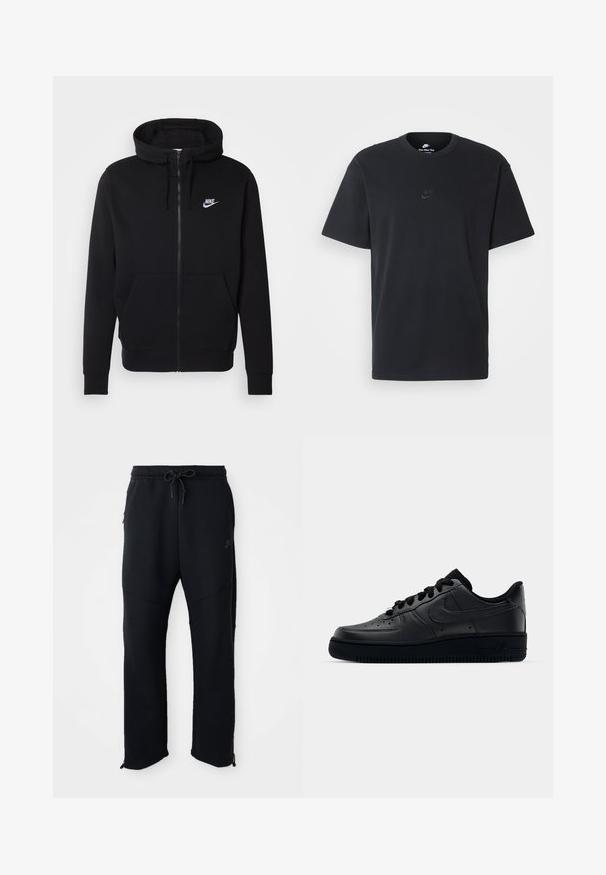 Casaco com fecho zip preto, feito de tecido macio, apresentando um bolso frontal tipo pochete, capuz com cordão e o logo branco da Nike no peito.; T-shirt de algodão preto da Nike com um clássico decote redondo, mangas curtas e um logótipo em relevo discreto no peito. Textura suave.; Calças atléticas pretas com cintura elástica e cordão, apresentam bolsos laterais, pernas ajustadas e fechos de correr nos tornozelos. Textura suave.; Sapatilha Nike Air Force 1 preta com parte superior em couro liso, bico perfurado para respirabilidade, atacadores pretos e sola de borracha texturizada.