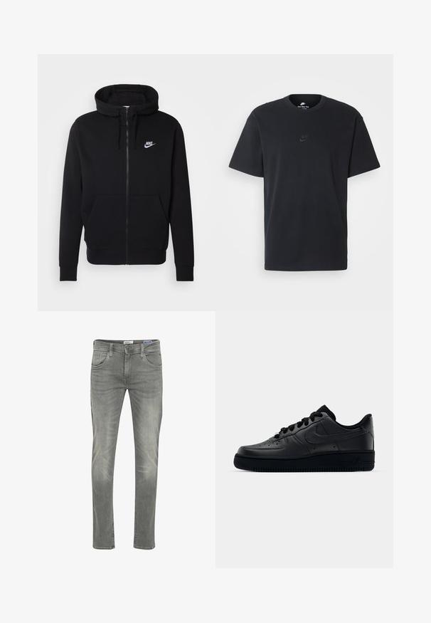 Must have musta kangaga, millel on ees tasku, reguleeritav kapuuts ja valge Nike logo rinnal.; Nike musta mustast puuvillast T-särk klassikalise ümmarguse kaelusega, lühikeste varrukatega ja õrna, reljeefse logoga rinnal. Sile tekstuur.; Hallid teksased, millel on kitsas lõige, viie tasku disain, peened kulumisjäljed ja lukuga tõmblukk klambriga.; Mustad Nike Air Force 1 tossud musta sileda nahast, perforatsioonidega varvas hingavuse tagamiseks, mustad paelad ja tekstureeritud kummitald.