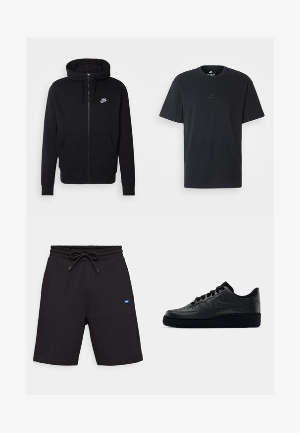 Felpa nera con zip, realizzata in tessuto morbido, dotata di tasca frontale a marsupio, cappuccio con cordino e logo Nike bianco sul petto.; T-shirt in cotone nero della Nike con collo rotondo classico, maniche corte e un logo in rilievo discreto sul petto. Texture liscia.; Pantaloni shorts neri in cotone con elastico in vita e cordino, dotati di tasche laterali e una piccola toppa con logo blu sulla parte anteriore. Texture liscia.; Sneaker Nike Air Force 1 nera con tomaia in pelle liscia, punta perforata per la traspirabilità, lacci neri e suola in gomma testurizzata.