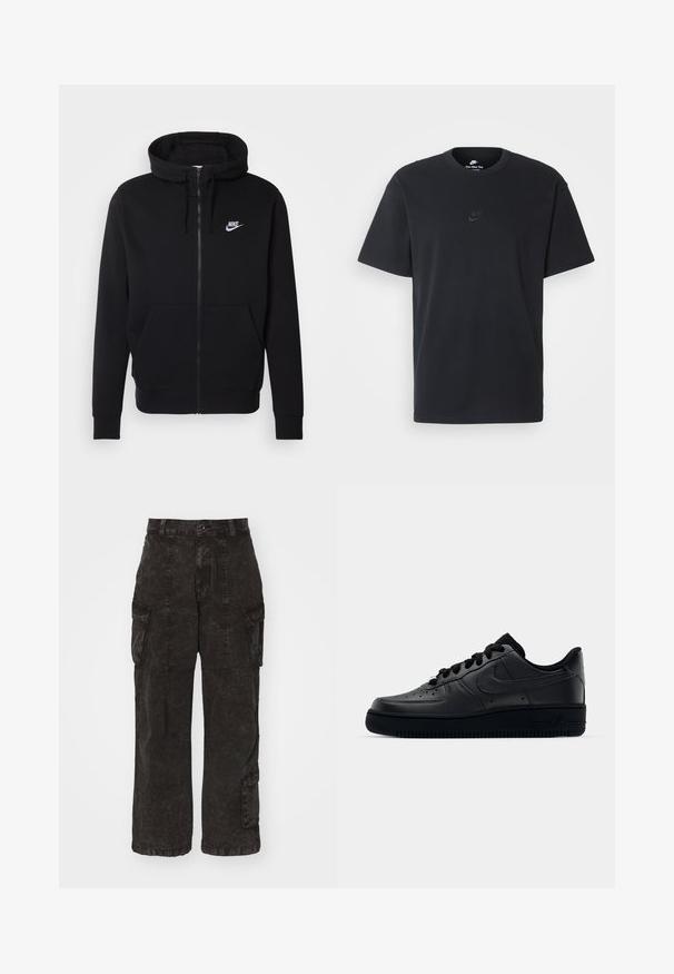 Svart hettejakke med glidelås laget av myk stoff, med en frontlomme, snøring på hetta og hvit Nike-logo på brystet.; Nike svart bomull T-skjorte med klassisk rund hals, korte ermer, og en subtil, preget logo på brystet. Glatt tekstur.; Svarte cargo bukser laget av strukturert stoff med flere sidelommer, vide ben og høy midje design med beltehemper og knappelukking.; Svart Nike Air Force 1-sneaker med en glatt skinnoverdel, perforert tå for pusteevne, svarte snørebånd og en teksturert gummisåle.