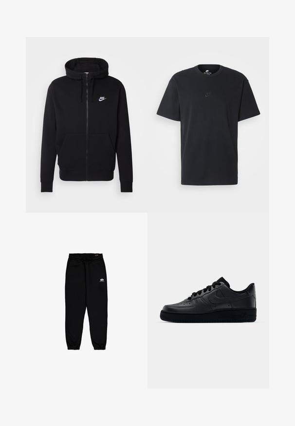 Svart zip-up hoodie tillverkad av mjukt material, med en framficka, dragsko i huvan och vitt Nike-logotyp på bröstet.; Svart t-shirt i bomull från Nike med klassisk rund halsringning, korta ärmar och en diskret, präglad logotyp på bröstet. Slät textur.; Svarta jogger-byxor i mjukt, stretchigt material. Har ett elastiskt midjeband med dragsko och elastiska muddar. Litet vitt logo på höften.; Svart Nike Air Force 1-sneaker med en slät läderöverdel, perforerad tå för andningsförmåga, svarta snören och en strukturerad gummisula.