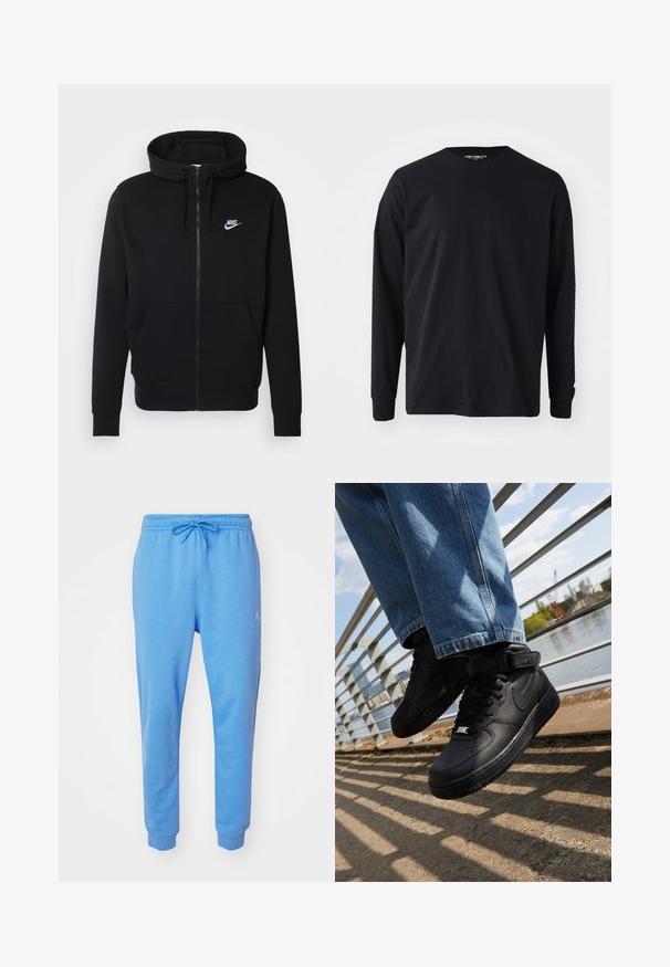 Črna zip-up kapuca iz mehkega materiala, z žepom na sprednji strani, kapuco s vrvico in belim Nike logotipom na prsih.; Črna majica z dolgimi rokavi iz bombaža, z okroglim izrezom in ravnim krojem, z majhnim logotipom na rokavu.; Svijetloplave trenirke od mekog pamuka. Imaju elastični pojas s vezicom i manžete na nogavicama. Ispod je izvezeni logo.; Črne Nike Air Force 1 teniske z usnjenim zgornjim delom, mrežastim jezikom in gumijastim podplatom, s posebno visoko zasnovo in debelimi vezalkami.