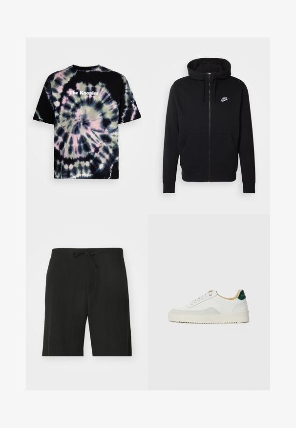 Black zip-up hoodie made of soft fabric, featuring a front pouch pocket, drawstring hood, and white Nike logo on the chest.; Black tie-dye t-shirt featuring swirling patterns in purple, green, and white. "The Kooples" logo printed in white at the center front.; Black linen shorts with a drawstring waist, featuring a relaxed fit and knee-length design. Smooth texture, simple and classic style.; White sneaker with suede accents, rounded toe, flat laces, and a cream rubber sole. Features green branding on the heel.