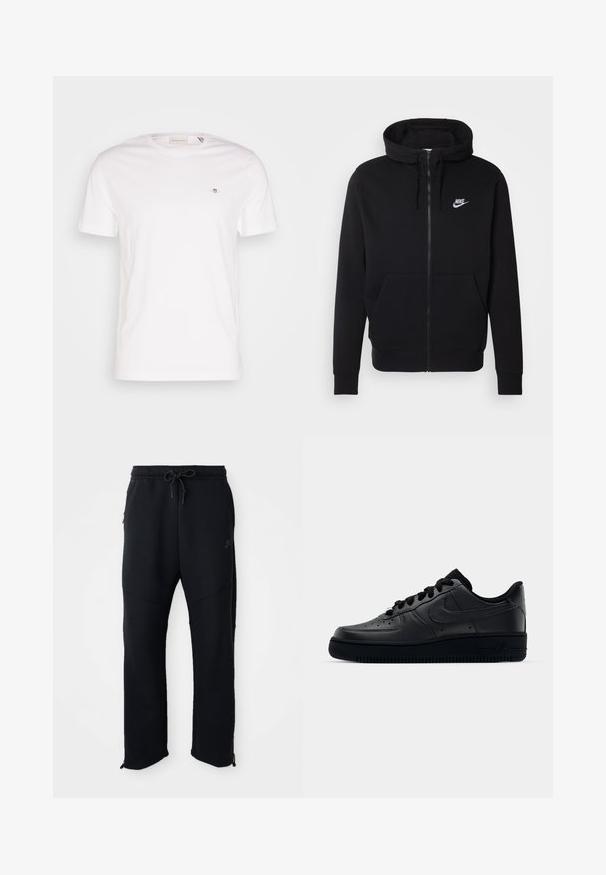 Zwarte rits hoodie van zachte stof, met een voorzak, trekkoord capuchon en wit Nike-logo op de borst.; Witte katoenen T-shirt met een ronde hals, korte mouwen en een klein geborduurd logo op de borst. Zachte structuur, eenvoudig ontwerp.; Zwarte sportbroek met elastische tailleband en trekkoord, met zijzakken, taps toelopende pijpen en ritsen bij de enkels. Glad textuur.; Zwarte Nike Air Force 1 sneaker met een gladde leren bovenkant, geperforeerde neus voor ademend vermogen, zwarte veters en een getextureerde rubberen zool.