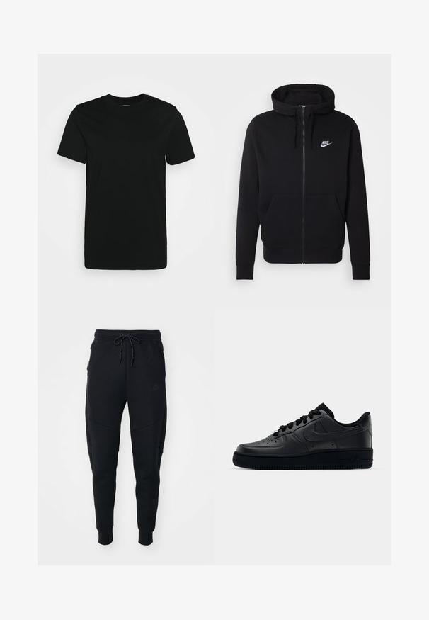 Schwarze Zip-Hoodie aus weichem Material, mit einer vorderen Kängurutasche, verstellbarem Kapuzenzug und weißem Nike-Logo auf der Brust.; Schwarzes kurzärmliges T-Shirt aus glattem Baumwollstoff, mit Rundhalsausschnitt und einem schlichten Design ohne Muster oder Akzente.; Schwarze Jogginghosen aus weichem Stoff, mit einem Kordelzugbund, schmalem Bein und seitlichen Taschen mit einem eleganten Design.; Schwarzer Nike Air Force 1 Schuh mit einem glatten Lederoberteil, perforierter Zehenpartie für Atmungsaktivität, schwarzen Schnürsenkeln und einer strukturierten Gummisohle.