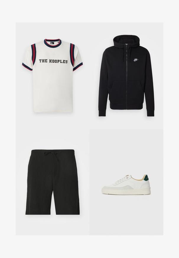 Hanorac negru cu fermoar, confecționat dintr-un material moale, având o buzunar frontal tip pouch, glugă cu șnur și un logo alb Nike pe piept.; Tricou alb cu guler rotund, având accente în dungi albastre și roșii pe mâneci, și "THE KOOPLES" brodat cu litere îngroșate pe față.; Pantaloni scurți din in negri cu un șnur în talie, având o croială lejeră și un design până la genunchi. Textură netedă, stil simplu și clasic.; Sneaker alb cu accente din suede, vârf rotund, șireturi plate și o talpă din cauciuc crem. Are un logo verde pe călcâie.