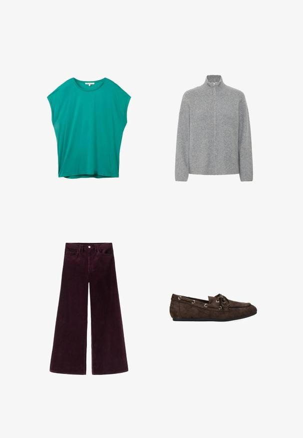 ICHI DUCIE CA - Cardigan - grey melange; Maglietta da donna corta a maniche corte in teal, dal fit morbido, con scollo rotondo e piccolo etichetta bianca all'interno del colletto.; Pantaloni in corduroy a gamba larga di un profondo bordeaux, con vita alta, chiusura con bottone e design classico a cinque tasche con texture a coste.; Scarpa mocassino in suede marrone con punta arrotondata, dettagli in pizzo e occhielli in metallo. Suola piatta, texture liscia e design semplice.