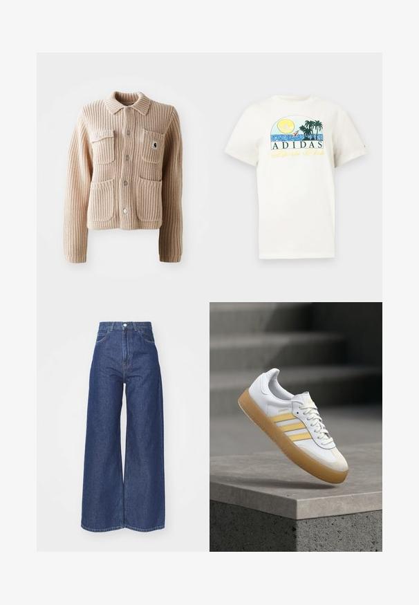 Beige ribbed knit jacket with a collared neckline, two chest pockets, and silver buttons. Features textured fabric and a logo patch on the pocket.; White cotton t-shirt featuring a graphic design with a sun, palm trees, and water. "ADIDAS Sports Club" printed in green and yellow.; Wide-leg jeans made of dark blue denim. High-waisted design with a zip fly and button closure. Features classic five-pocket styling and hemmed edges.; White leather sneaker with yellow accents, three stripes, and a gum rubber sole. Features a rounded toe and textured tongue.