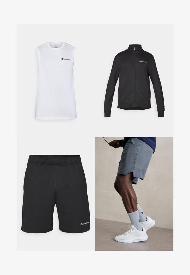 Champion ICONS CONTRAST FULL ZIP - Sweatjakke - black; Hvit ermeløs bomull t-skjorte med rund hals, med en liten brodert "Champion" logo i marineblått og rødt på brystet.; Sorte treningshorts med elastisk linning, laget av myk stoff, med en liten hvit logo nederst til venstre.; Hvite treningssko med teksturert mesh-overdel, kombinert med lyseblå ribbestrikkede sokker med logo. Grå treningsshorts med perforert kant.