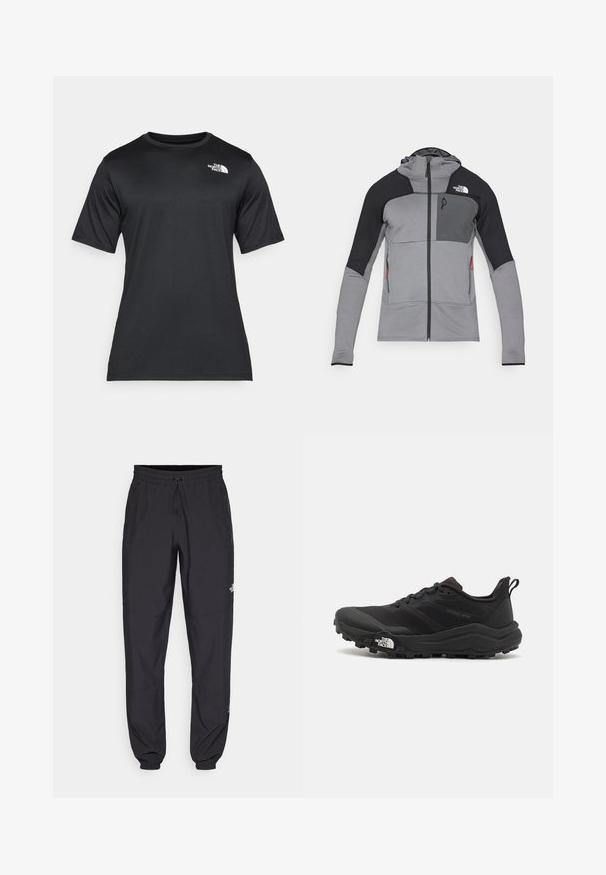 Casaco cinza e preto com fecho éclair e capuz; possui um tecido texturizado, painéis de rede, dois bolsos laterais e um logo no lado esquerdo do peito.; Camiseta preta de manga curta feita de um tecido leve e que absorve a umidade. Apresenta um logo branco no lado esquerdo do peito e um decote redondo.; Calças atléticas pretas feitas de tecido leve, com um cós ajustável por cordão, bolsos laterais e punhos afunilados nos tornozelos.; Sapatilha de trail running preta com um upper texturizado, sola de borracha e biqueira reforçada. Possui um colarinho acolchoado e uma alça para facilitar o calçar.