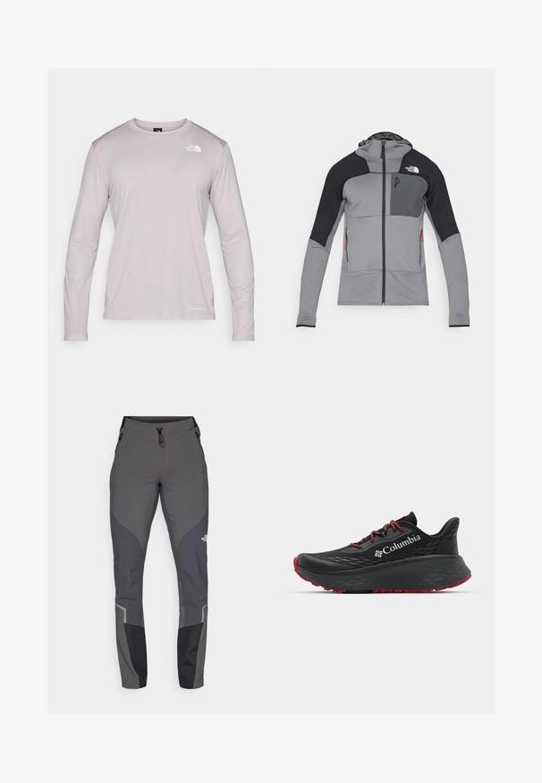 Jachetă zipuită gri și neagră cu glugă; prezintă un material texturat, panouri din plasă, două buzunare laterale și logo pe partea stângă a pieptului.; Cămașă lungă de culoare mov deschis, dintr-un material texturat și respirabil. Are un decolteu rotund și un logo mic pe partea superioară stângă a pieptului.; Pantaloni de drumeție gri, cu un design conic, multiple buzunare și accente contrastante în gri închis și negru. Realizați dintr-un material flexibil și durabil.; Pantofle atletice negre cu superior texturat, șireturi roșii și logo. Talpă groasă cu izolație pentru aderență. Design minimalist, vedere laterală.