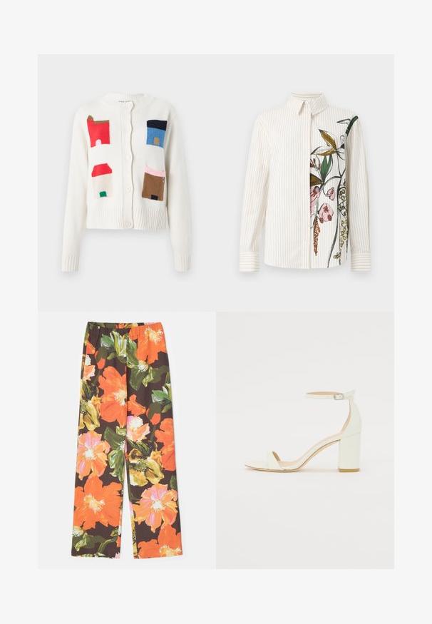 Cárdigan blanco con motivos de casas coloridos en rojo, azul, marrón y verde. Está hecho de un material suave con un dobladillo acanalado y cierre de botones.; Camisa de botones con rayas verticales, color crema, con un diseño floral en un lado. Mangas largas y cuello clásico. Textura suave.; Stine Goya FATOU STRUCTURE STRETCH - Pantalones - summer night; Sandalía de tacón bloque blanca de piel, con una correa en el tobillo que presenta una hebilla y un diseño minimalista. Punta abierta y texturas suaves en toda la superficie.