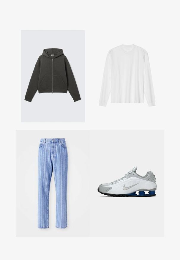 Tummanharmaa lyhyt huppari, jossa on edessä vetoketju, nauhakuori ja kaksi sivutaskua. Sisältää ribbikujat ja pehmeän tekstuurin.; Valkoinen pitkähihainen puuvillainen t-paita, jossa on pyöreä kaula-aukko, resorit hihansuissa ja suora helma, sileä pinta ja minimalistinen muotoilu.; Vaaleansiniset farkut, joissa on pystysuoria valkoisia raidoituksia, suora lahkeiden cut, viisi taskua sekä nappikiinnitys vyötäröllä.; Valkoinen ja harmaa Nike-juoksukenkä, jossa on hopea swoosh, siniset jousimaiset pohjatyynyt ja musta pito-osa yksinkertaisella taustalla.