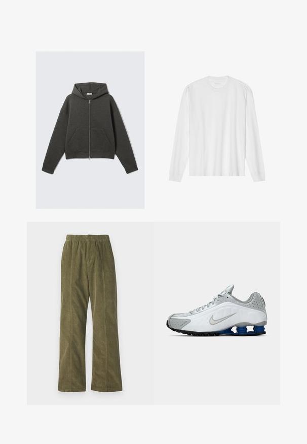 Czarnoszary skrócony hoodie z zamkiem błyskawicznym z przodu, kapturem ze sznurkiem oraz dwoma bocznymi kieszeniami. Posiada ściągacze na rękawach i miękką fakturę.; Biała, bawełniana koszulka z długim rękawem i okrągłym dekoltem, z prążkowanymi mankietami i prostym dołem, o gładkiej teksturze i minimalistycznym wzornictwie.; Oliwkowe spodnie z szerokimi nogawkami wykonane z korduroju, z elastycznym paskiem w talii i widocznymi detalami szwów wzdłuż boków.; Białe i szare buty do biegania Nike z srebrnym logo, niebieskimi, sprężynowymi podeszwami oraz czarnym bieżnikiem na jednolitym tle.