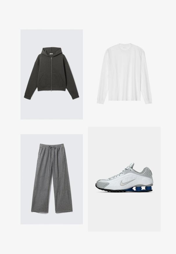 Mörkgrå, kort hoodie med dragkedja fram, snörad huva och två sidfickor. Har ribbade ärmslut och mjuk textur.; Vit långärmad t-shirt i bomull med rund hals, ribbade muddar och rak nederkant, slät textur och minimalistisk design.; Grå vida byxor gjorda av lättviktsmaterial, med resårmidja och dragsko samt diskreta sömnadsdetaljer på sidorna.; Vit och grå Nike löparskor med silverfärgad swoosh, blå fjädrande sula och svart mönster på en enfärgad bakgrund.
