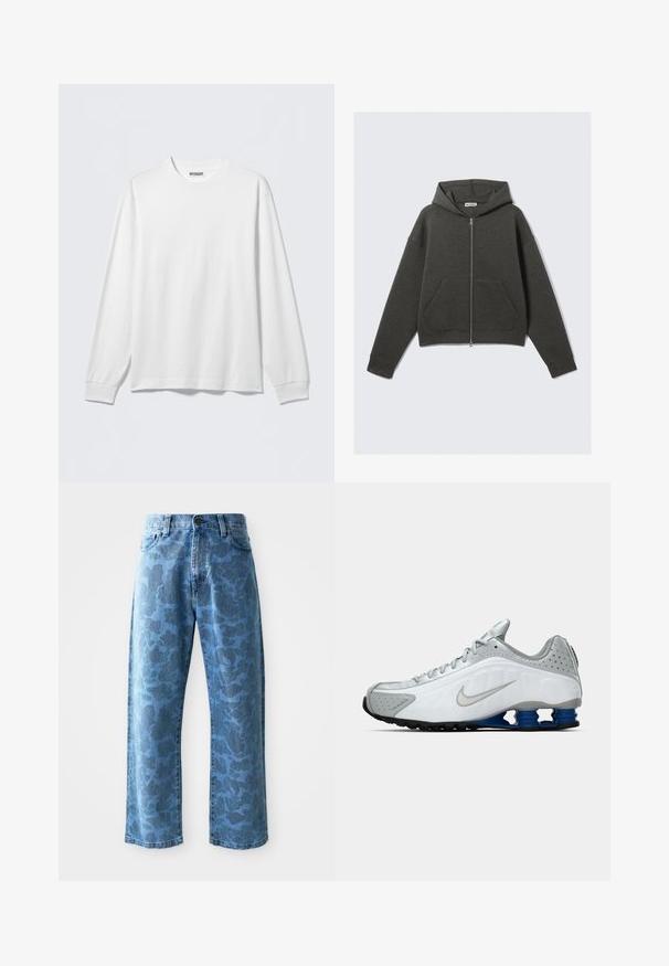 Mørkegrå cropped hoodie med lynlås foran, snor i hætten og to sidelommer. Har ribbede manchetter og blød tekstur.; Langærmet hvid T-shirt lavet af bomuld. Har rund hals, lige pasform og ribbede ærmegab. Mærkeetiket ved halsen.; Lyseblå denimjeans med et subtilt tonalt blomstermønster, bred benklipp, fem-lomme design og knaplukning i taljen.; Hvide og grå Nike løbesko med sølv swoosh, blå fjederlignende såleelementer og sort slidbane på en ensfarvet baggrund.
