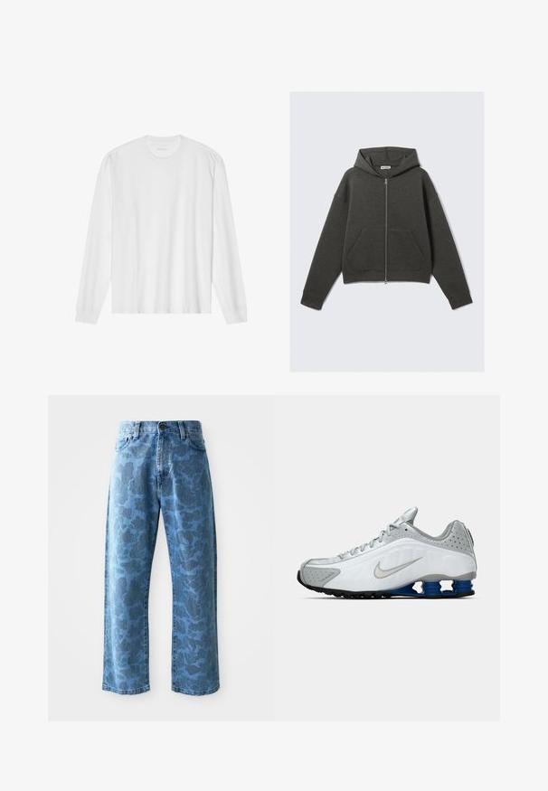 Mörkgrå, kort hoodie med dragkedja fram, snörad huva och två sidfickor. Har ribbade ärmslut och mjuk textur.; Vit långärmad t-shirt i bomull med rund hals, ribbade muddar och rak nederkant, slät textur och minimalistisk design.; Ljust blå denimjeans med ett subtilt tonalt blommönster, vid benmodell, femfickorsdesign och knappstängning i midjan.; Vit och grå Nike löparskor med silverfärgad swoosh, blå fjädrande sula och svart mönster på en enfärgad bakgrund.