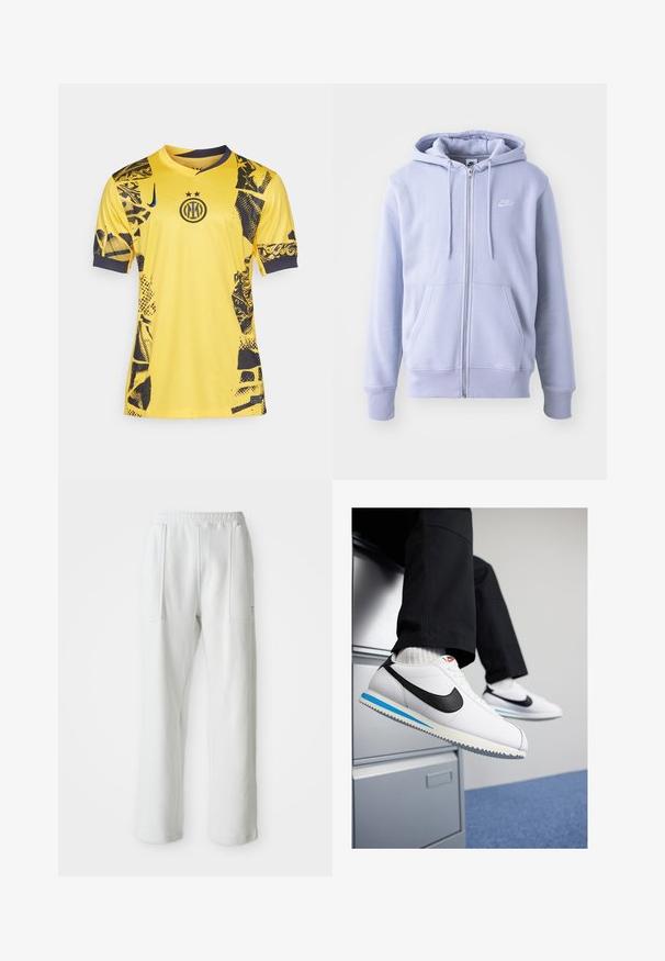 Lyseblå zip-up hettegenser laget av mykt stoff, med kengurulomme, snorhette og en liten hvit logo på brystet.; Gul fotballsdrakt med svarte abstrakte mønstre, kortermet, og V-halsdesign. Har en logo i midten og kontrastfarge på kragen.; Hvite, avslappede bukser med elastisk midje og store frontlommer, vist på en enkel lys bakgrunn.; Hvite lær sneakers med en svart Nike swoosh, lys blå og grå gummisåle, og klassisk snøring. Føttene hviler på et arkivskap.