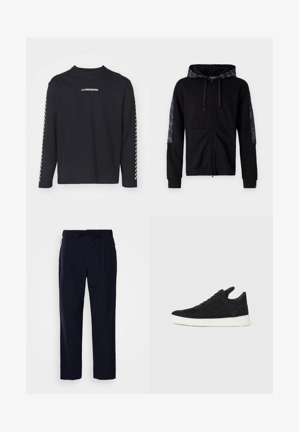 Juodas zip-up džemperis su raštuota kapuce ir šoninėmis akcentais. Įrengtas raišteliais, prisitaikančiais rankovėmis ir lygiu paviršiumi. Paprastas, modernus dizainas.; Ilga rankovė juoda marškinėlių medžiaga pagaminta iš medvilnės, su apvalia iškirpte ir J.Lindeberg logotipu ant krūtinės, rankovėse yra languota raštas.; J.LINDEBERG JIN PLEATED - Kelnės - navy; Juodų suede sportbačių su balta gumine padu, su toniniais siuvinėjimais ir raištelių užsegimu. Sklandus paviršius su šiuolaikine, laiko forma.
