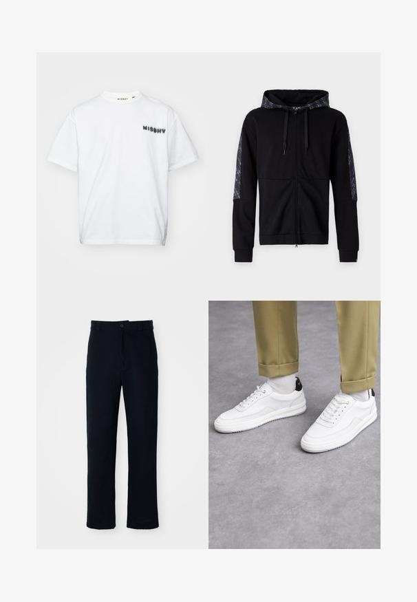 Czarna bluza z kapturem na zamek, z wzorzystym kapturem i bocznymi akcentami. Posiada sznurki, dopasowane mankiety i gładką fakturę. Prosty, nowoczesny design.; MISBHV - T-shirt z nadrukiem; Granatowe spodnie wykonane z bawełny, z prostą nogawką, z zapięciem na guziki z przodu oraz klasycznym pasem z pętelkami na pasek.; Białe sneakersy z fakturowaną skórzaną wykończeniem, okrągłym noskiem i czarnym akcentem na pięcie. Gumowa podeszwa z małym wzorem bieżnika i przeszyciem.