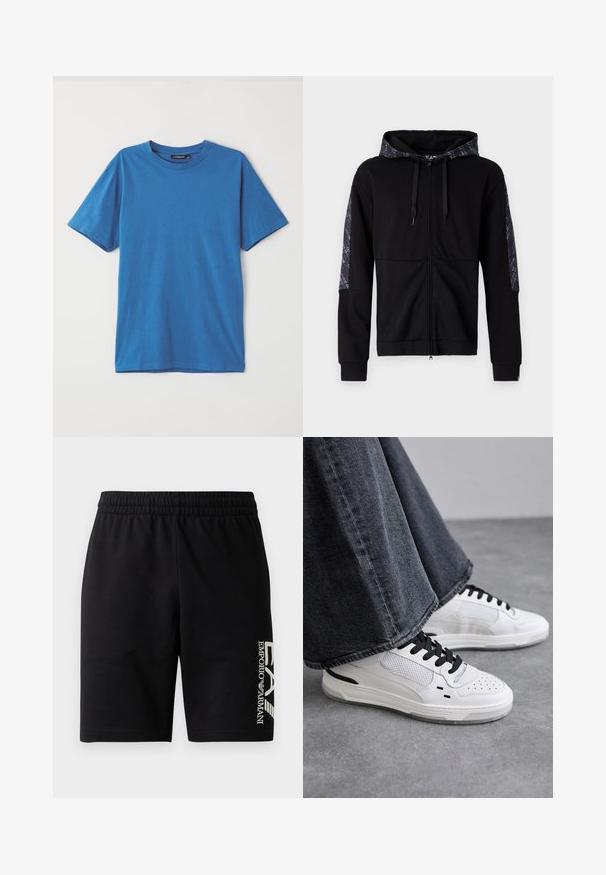 Čierna mikina na zips s kapucňou so vzorom a bočnými akcentmi. Obsahuje šnúrky, priliehavé manžety a hladkú textúru. Jednoduchý, moderný dizajn.; Modrá bavlnená tričko s krátkymi rukávmi, okrúhlym výstrihom a hladkou textúrou. Bez vzorov alebo akcentov. Jednoduchý, klasický dizajn.; EA7 Emporio Armani TRAIN VISIBILITY - Šortky - black/cream; Biele tenisky s čiernymi šnúrkami a sieťovinou. Majú hladký kožený zvršok a textúrovanú gumovú podrážku. Skombinované so širokými šedými džínsami.