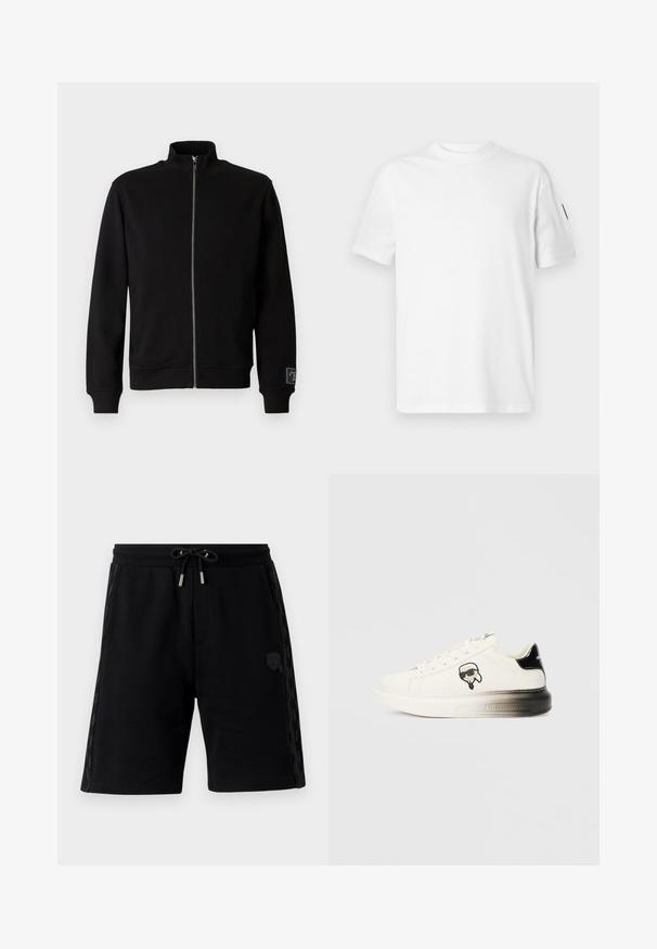 Čierna mikina na zips s vysokým golierom, rebrovými manžetami a božnou visačkou. Vyrobená z mäkkého, hladkého materiálu s jednofarebným dizajnom.; Biela bavlnená tričko s krátkymi rukávmi a klasickým výstrihom. Na ľavom rukáve je malé čierne logo. Hladká textúra, štandardný strih.; Čierne teplákové šortky s elastickým pásom na šnúrku, bočnými vreckami, textúrovanými bočnými panelmi a malým detailom loga. Vyrobené z mäkkej tkaniny.; Biele tenisky s hladkým koženým zvrškom, čiernymi akcentmi na päte a karikatúrovým logom. Majú hrubú, mierne priehľadnú podrážku.