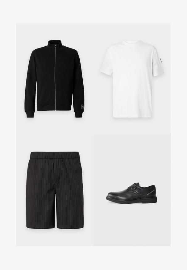 Črna zip-up sweatshirt s visokim ovratnikom, rebrastimi manšetami in stransko oznako. Narejena iz mehkega, gladkega materiala s enobarvnim dizajnom.; Bela bombažna majica s kratkimi rokavi in okroglo izrezom. Ima majhen črn logotip na levem rokavu. Gladka tekstura, standardna kroj.; Črne kratke hlače z rahlim navpičnim belim vzorcem, elastičnim pasom in dvema stranskima žepoma, narejene iz lahke, teksturirane tkanine.; Črne usnjene čevlje s zaobljenim nosom, s posameznim zaponko in ravnim gumijastim podplatom. Vsebuje blagovno oznako na strani blizu pete.