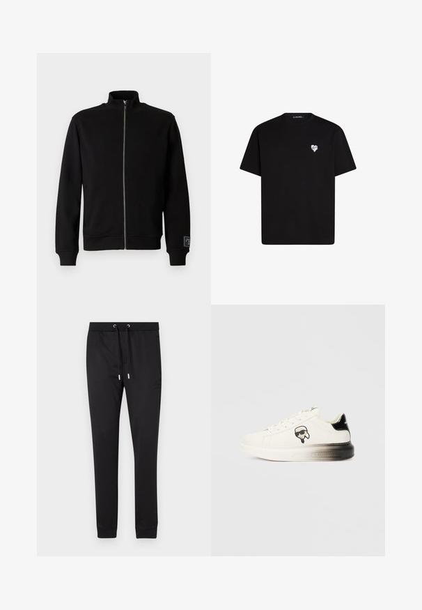 Črna zip-up sweatshirt s visokim ovratnikom, rebrastimi manšetami in stransko oznako. Narejena iz mehkega, gladkega materiala s enobarvnim dizajnom.; Črna bombažna majica s kratkimi rokavi, okroglo izreza in majhnim belim srčkom natisnjenim na levem prsnem delu.; Črne trenirke iz mehkega blaga, ki imajo elastičen pas z vrvicami, stranske žepke in oprijete manšete na gležnjih.; Bele teniske s gladkim usnjem, črnimi poudarki na peti in risanim logotipom. Imajo debel, rahlo prozoren podplat.