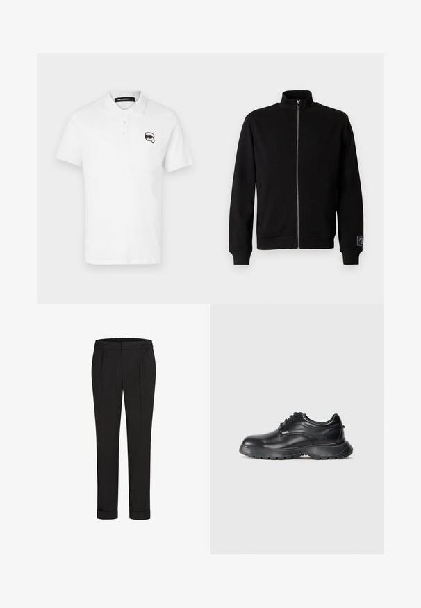 Svart zip-up sweatshirt med hög krage, ribbade manschetter och sidetikett. Tillverkad av ett mjukt, slätt material med en enhetlig färgdesign.; Vit polo med korta ärmar, tre knappslås, och en svart broderad tecknad logotyp på vänster bröst.; Svarta byxor med elastisk midja, med en rak bendesign och uppvikta fållar. Tillverkade av glatta, vävda tyger utan mönster.; Svart lädersko med rund tå, snörning och strukturerad gummisula. Har en "KARL"-logotyp på sidan. Slät yta.