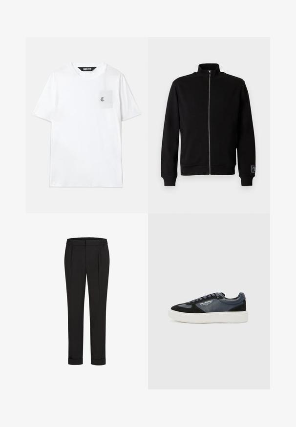 Must must ülikond, millel on kõrge krae, soonikkoes mansetid ja külgtagi. Valmistatud pehmest ja siledast materjalist, millel on ühtlane värvitoon.; Valge puuvillane t-särk lühikeste varrukatega, ümar kaelus, väike rinna tasku ja taskul broderitud logo aktsent.; Mustad püksid elastse vöökohtaga, sirge jala kujundusega ja üles keeratud äärtega. Valmistatud siledast, kudumisega kangast, ilma mustriteta.; Mustad ja navy sinised tenisekingad, valmistatud nahast ja anteelast, paksu valge vahekingaga, ümmarguse varbaga ja tekstuuriliste aktsentidega. Säärised sobivas värvitoonis.