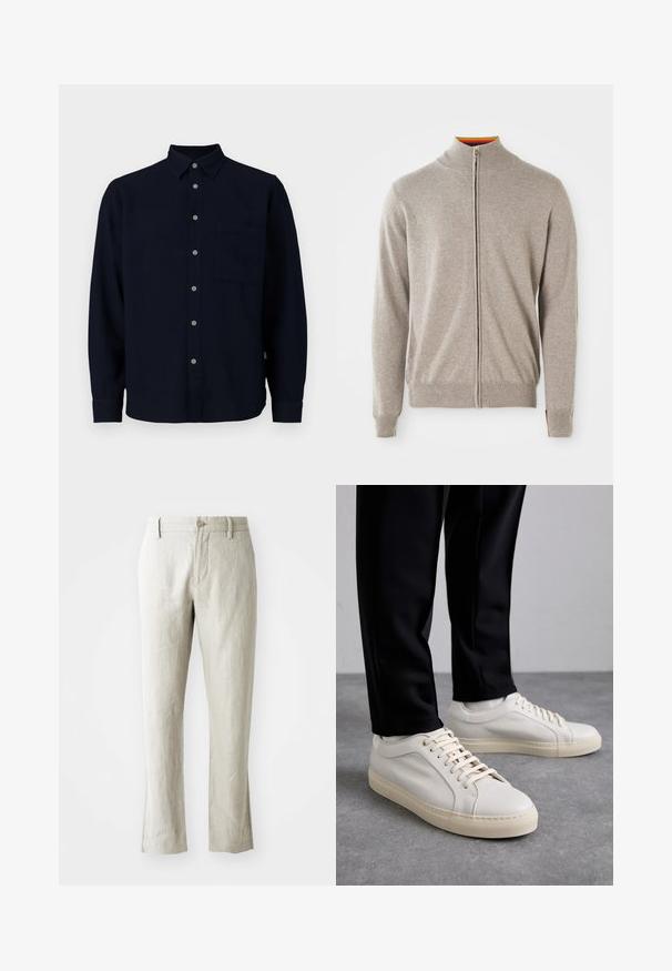 Gebreide rits-sweater in lichtgrijs. Beschikt over een hoge kraag, geribbelde manchetten en zoom. Binnenkant van de kraag toont een kleurrijke accent. Zachte textuur.; Marineblauw overhemd met lange mouwen, gemaakt van zachte stof. Heeft een knoopsluiting aan de voorkant, een puntige kraag en een borstzak. Grijze knopen zorgen voor contrast.; Lichtbeige linnen broek met een rechte snit, subtiele textuur, sluiting met een knoop aan de voorkant en twee zijzakken. Gemaakt voor een strakke silhouet.; Lichtbeige leren sneakers met platte veters, een gestructureerd oppervlak en een contrasterende crème-kleurige rubberen zool, gecombineerd met zwarte taps toelopende broek.