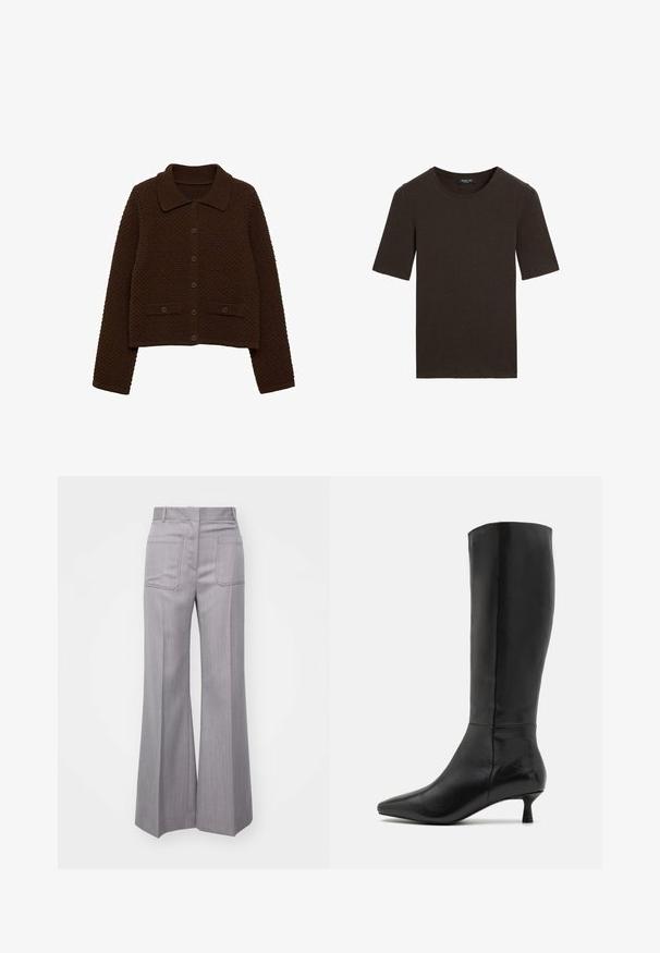 Brun strikket cardigan med krave, forreste knapper og ribbede detaljer. Har et struktureret mønster og to forlommer.; Mørkebrun kortærmet t-shirt med rund hals, enkel design med ribbet krave, mærket Massimo Dutti ved kraven.; Grå udvidede bukser med et diskret stregmønster, to baglommer og en glat stofstruktur. Har en høj talje.; Zign Høje støvler/ Støvler - black