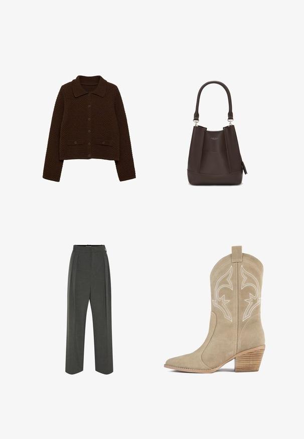 Cardigan en maille marron avec col, boutons sur le devant et accents côtes. Présente un motif texturé et deux poches avant.; Débardeur blanc à côtes avec un logo noir brodé centré sur la poitrine. L'encolure et les emmanchures sont finies avec un biais subtil.; Pantalons gris bien taillés avec une taille haute, présentant des plis, une coupe large et une texture lisse. Fermeture avec une fermeture éclair discrète.; Botte de cow-boy en daim beige avec un bout pointu, des coutures blanches décoratives et un talon en bois empilé. Elle présente une languette à l'arrière.; Carlheim ADALINE  - Sac à main - brown