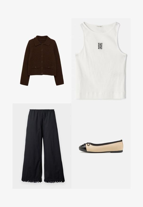 Brun strikket cardigan med krave, forreste knapper og ribbede detaljer. Har et struktureret mønster og to forlommer.; Hvid ribbet tanktop med et sort broderet logo centreret på brystet. Udhulningen og ærmegabene er afsluttet med en subtil kant.; Sorte brede bukser lavet af letvægtsstof, med elastisk talje og delikat blondekant i bunden.; Balletflade med en beige læderoverdel og en skinnende sort laklæder tåhætte. Har en lille sløjfedetalje foran. Flad sål.