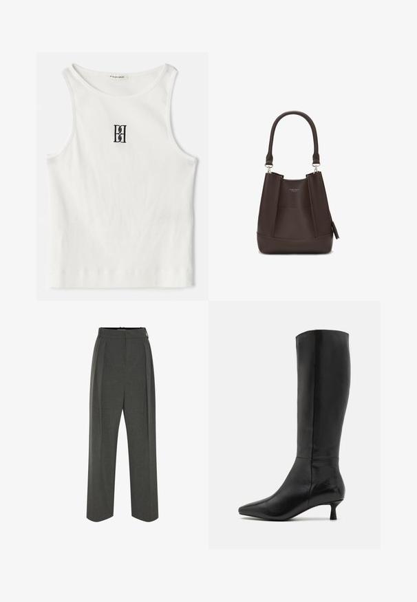 Hnedý pletený kardigán s golierom, prednými gombíkmi a rebrovanými detailmi. Obsahuje texturovaný vzor a dve predné vrecká.; Biely rebrovaný tielko s čiernym výšivkovým logom umiestneným na hrudi. Výstrih a otvory na rukávy sú dokončené jemným lemovaním.; Sivé široké nohavice z textúrovaného materiálu s vysokým pásom a záhybmi vpredu. Dizajn zahŕňa hladký pás a žiadne viditeľné zapínanie.; Zign Čižmy - black; Carlheim ADALINE - Kabelka - brown