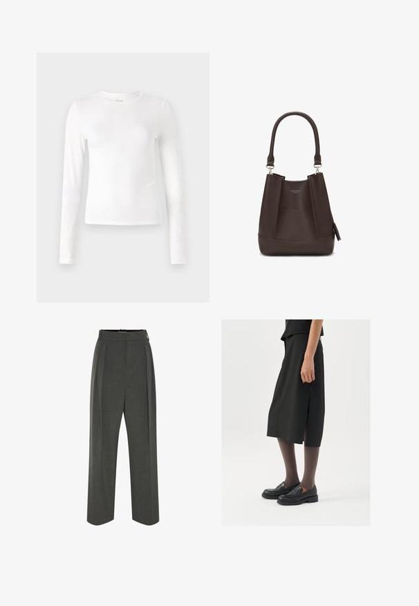 Hnedý pletený kardigán s golierom, prednými gombíkmi a rebrovanými detailmi. Obsahuje texturovaný vzor a dve predné vrecká.; Biela dlhá rukávová tričko vyrobené z mäkkého a pružného materiálu. Má okrúhly výstrih a priliehavý strih s minimálnym počtom švov.; Sivé široké nohavice z textúrovaného materiálu s vysokým pásom a záhybmi vpredu. Dizajn zahŕňa hladký pás a žiadne viditeľné zapínanie.; Čierna sukňa po kolená so bočným rozparkom, skombinovaná s čiernymi mokasínami a priehľadnými hnedými pančuchami, s hladkým materiálom a jednoduchým dizajnom.; Carlheim ADALINE - Kabelka - brown