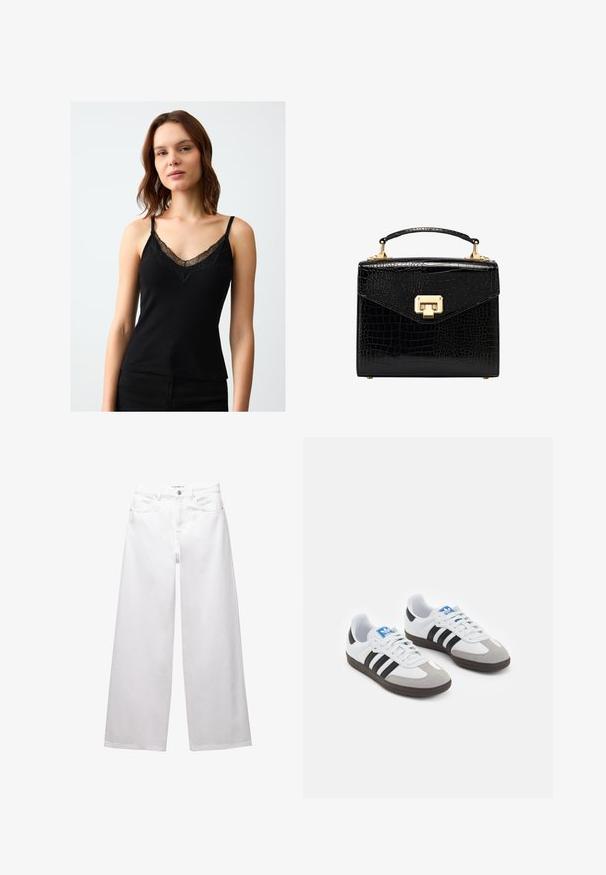 Brązowy sweterek z dzianiny z kołnierzem, z przodu zapinany na guziki i z ribbowymi akcentami. Posiada teksturowany wzór oraz dwie przednie kieszenie.; Czarny top na ramiączkach wykonany z prążkowanej tkaniny, z koronkowym wykończeniem wzdłuż dekoltu w kształcie litery V i regulowanymi cienkimi ramiączkami. Gładka tekstura i dopasowany krój.; Białe dżinsy w stylu wide-leg wykonane z denimu. Posiadają zapięcie na guzik, kieszenie z przodu i z tyłu oraz przeszycia. Gładka tekstura z minimalnymi detalami.; Buty sportowe z białą skórzaną cholewką, szarym zamszowym noskiem i trzema czarnymi paskami. Posiadają niebieskie logo na języku oraz teksturowaną gumową podeszwę.; Czarna torebka z sztucznej skóry w wzór krokodyla o strukturalnym designie, ze złotymi akcentami, górnym uchwytem i magnetycznym zapięciem na klapę.