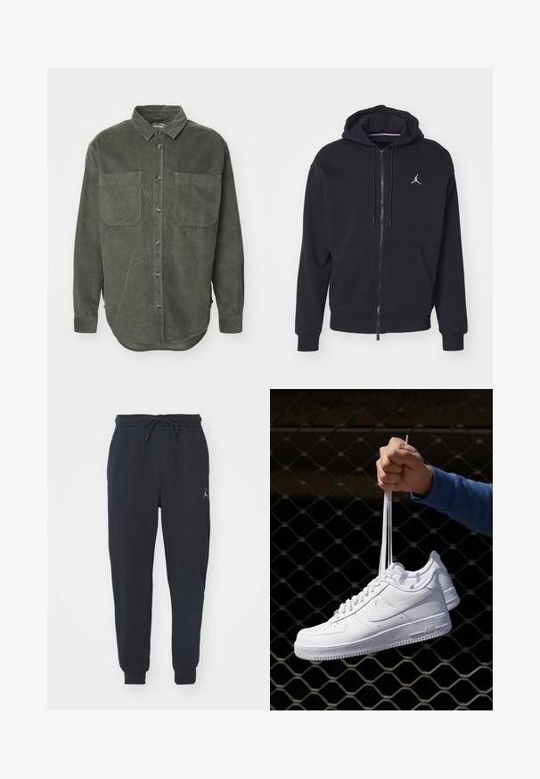 Mustapaita, jossa on vetoketju ja pehmeä kangas, varustettu kengurupussilla, ribattuilla hihansuilla ja valkoisella brodeeratulla logolla rinnassa.; Vihreä corduroypaita, jossa on nappisuljenta, viisto kaulus, kaksi rintataskua ja pitkät hihat nappikiinnityksillä, suoralla helma.; Valkoinen puuvillainen t-paita, jossa on lyhyet hihat, pyöreä kaula-aukko, rento istuvuus ja ei näkyviä logoja tai kuvioita. Sileä pinta ja minimaalinen muotoilu.; Mustat juoksuhousut pehmeästä kankaasta, joissa on joustava vyötärönauha ja nauhakuja, ribbikuosiset hihansuut ja pieni logo vasemmassa reidessä.; Valkoiset nahkasneakersit, joissa on rei'ityksiä, pyöreä kärki, tasapohja ja paksut nauhat, joissa on näkyvä swoosh-logo ja "AIR" kantapäässä.